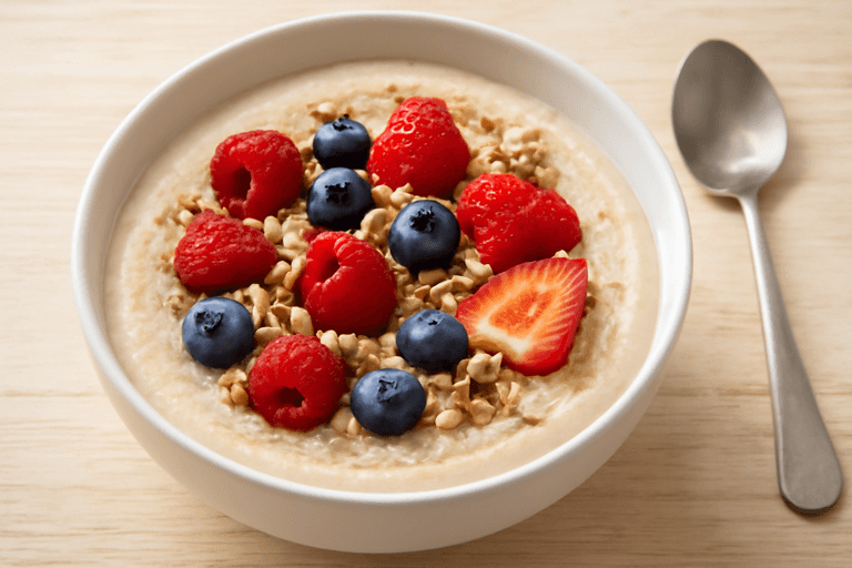 Leichter Veganer Protein-Porridge mit Beeren und Mandeln