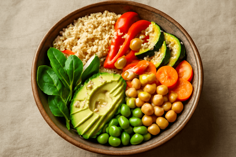 Proteinreiche vegane Buddha-Bowl mit Quinoa & geröstetem Gemüse