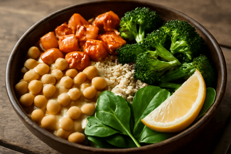 Veganer Kichererbsen-Bowl mit geröstetem Gemüse