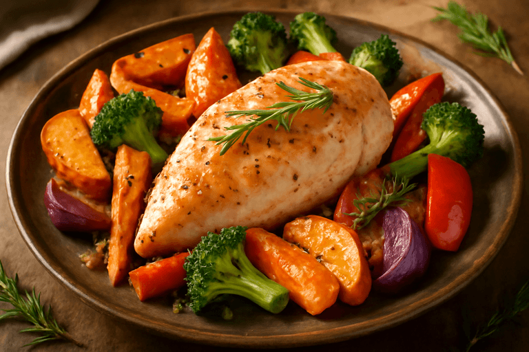 Saftig kyllingebryst med ovnbagte grøntsager og krydderurter
