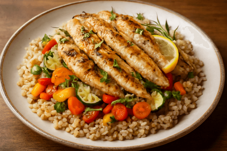 Pollo alla Griglia con Riso Integrale e Verdure Colorate