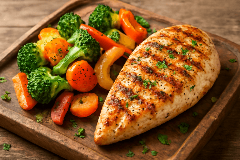 Куриное филе с брокколи и овощами на гриле