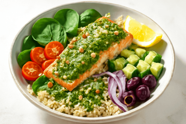 Mediterranean Pesto Salmon Bowl