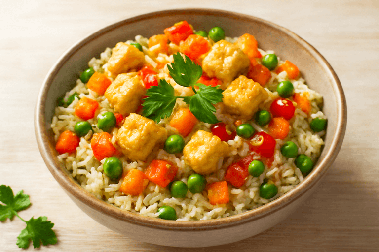 Bowl Clasic de Orez cu Pui și Legume Colorate