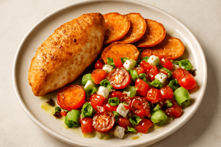 Piept de pui suculent cu cartofi dulci la cuptor și salată de legume colorată