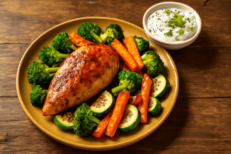 Hähnchenbrust mit Ofengemüse und Kräuterquark