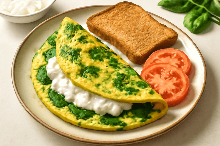 Energigivende morgenomelet med spinat og fuldkornstoast