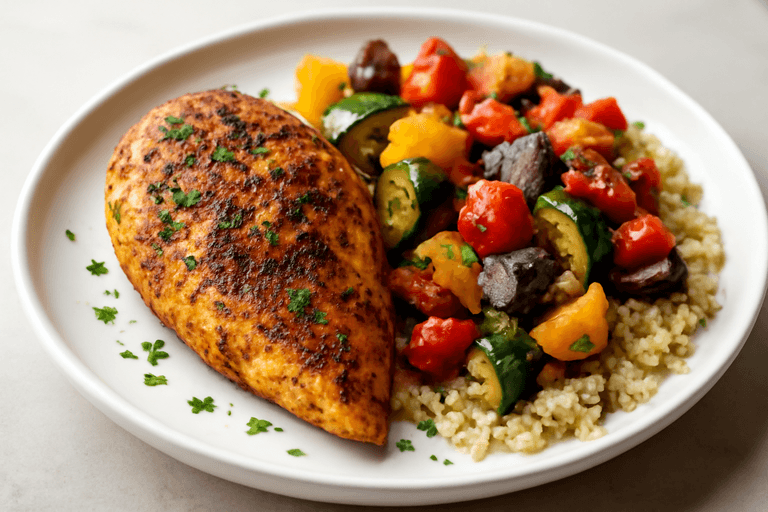 Пикантно пиле на грил с печени зеленчуци и киноа