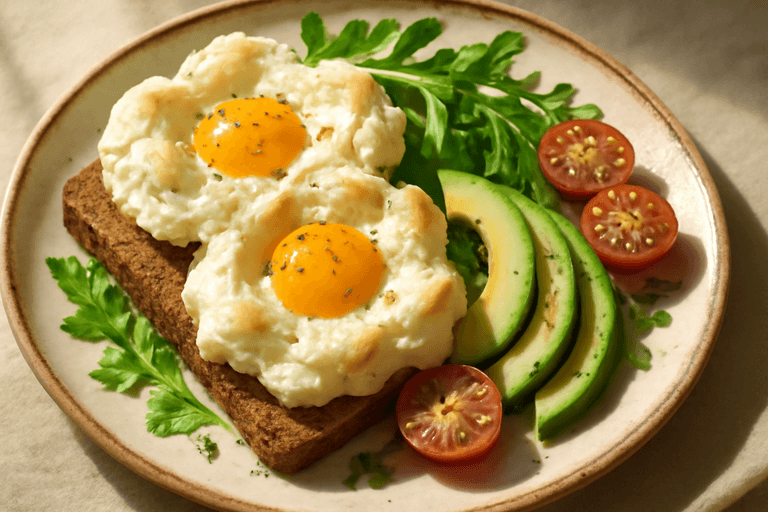 Jajka w chmurze z warzywami i pełnoziarnistym tostem
