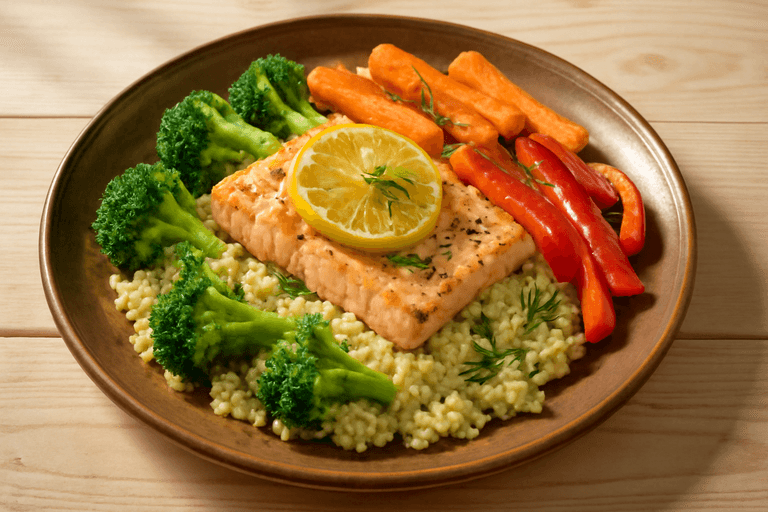 Pieczony łosoś z warzywami i kaszą jaglaną
