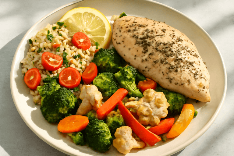 Куриная грудка с запечёнными овощами и салатом из киноа