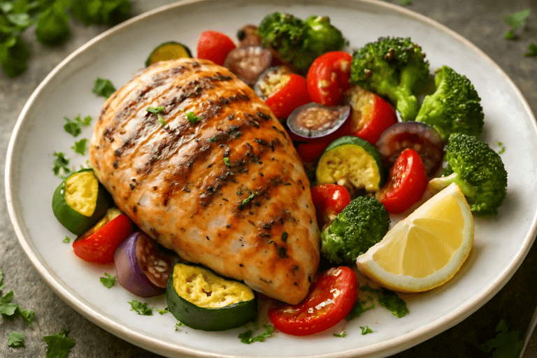 Poulet grillé aux herbes et légumes rôtis