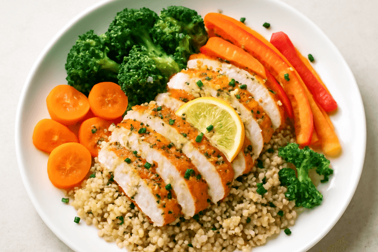 Grilled Lemon Herb Chicken with Quinoa & Steamed Vegetables