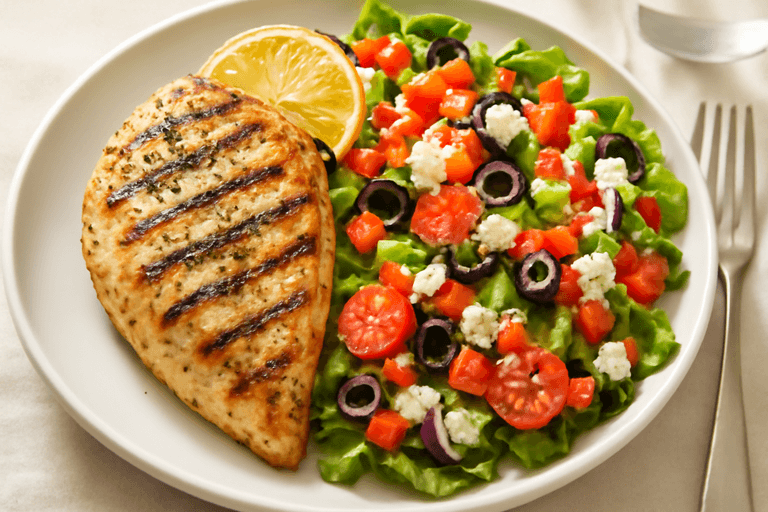 Pollo a la plancha con ensalada mediterránea