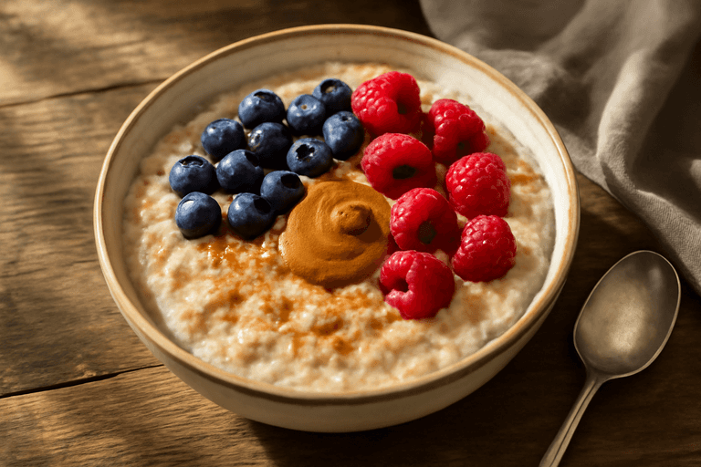Proteinrik gröt med fräscha bär och mandelsmör