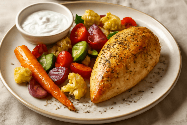 Kycklingfilé med rostade grönsaker och citron-yoghurt