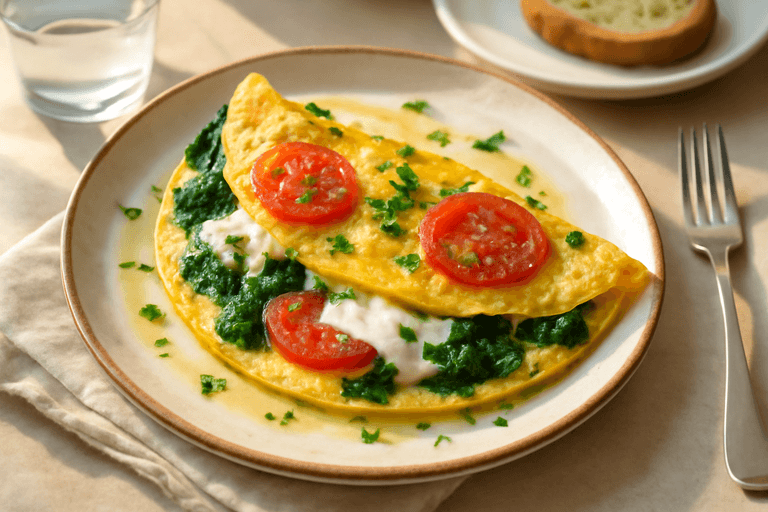 Omelette clásico con espinaca y tomate