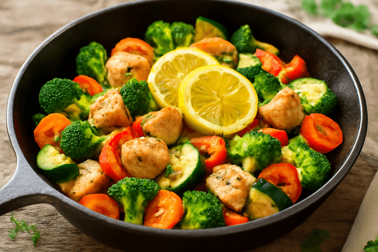 Leichter Hähnchen-Gemüse-Pfanne mit Zitronen-Dill
