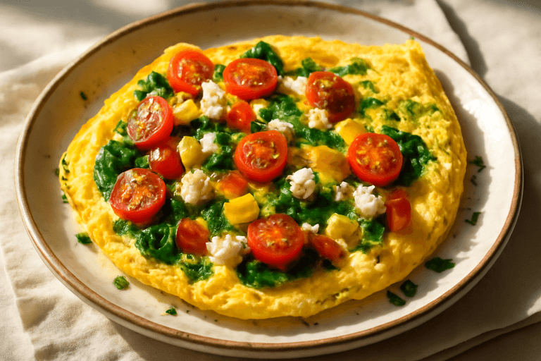 Klassisk proteinrik frukostomelett med fräscha grönsaker