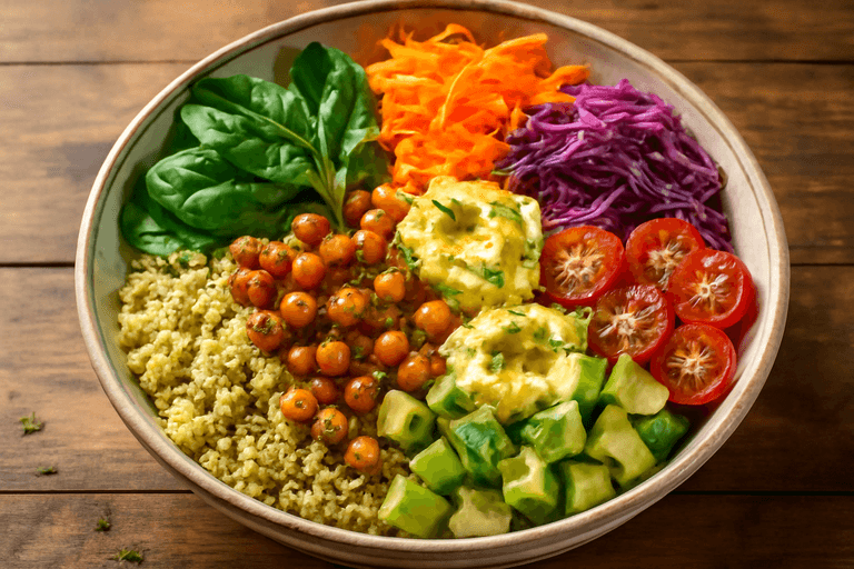 Bunte Buddha-Bowl mit Quinoa & Hummus