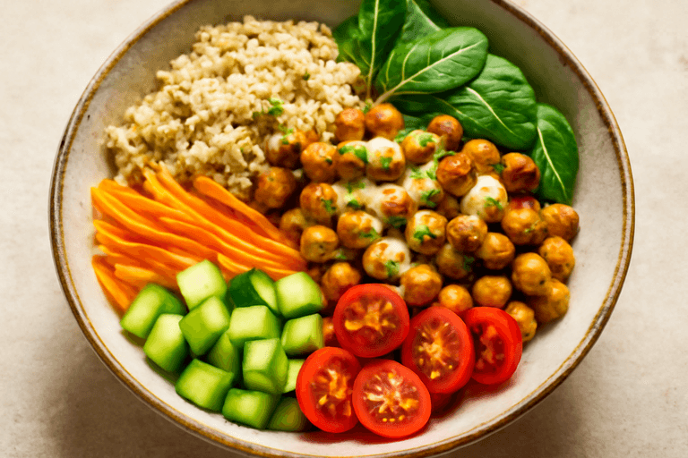 Bunte Quinoa-Gemüse-Bowl mit Zitronen-Tahini-Dressing