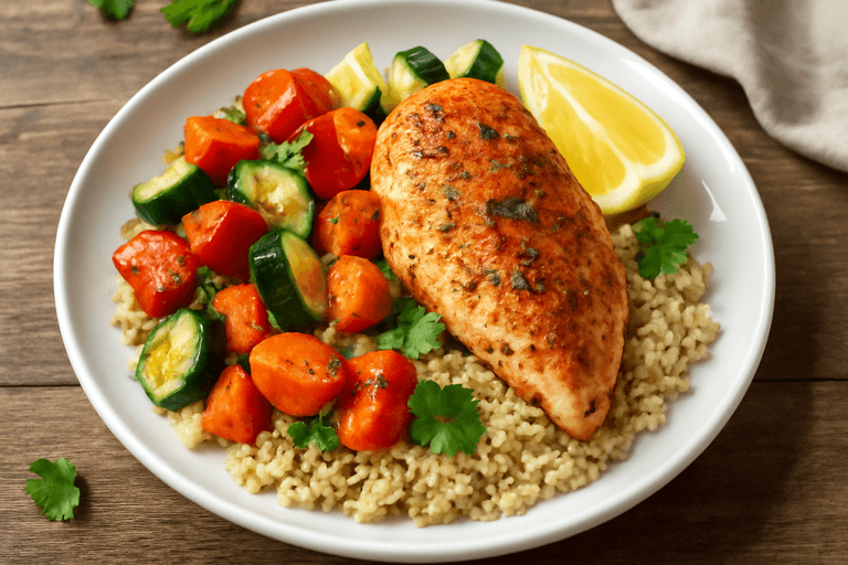 Kipfilet met geroosterde groenten en quinoa