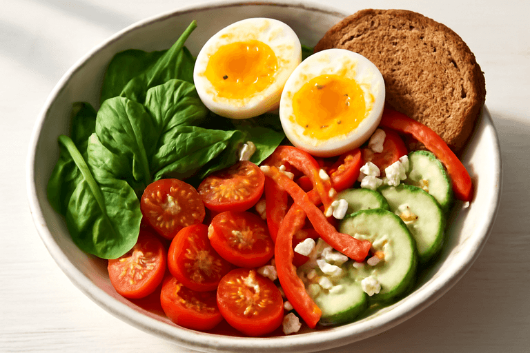 Wiosenna miska śniadaniowa z jajkiem i warzywami