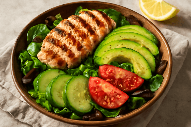 Sałatka z grillowanym kurczakiem, awokado i warzywami