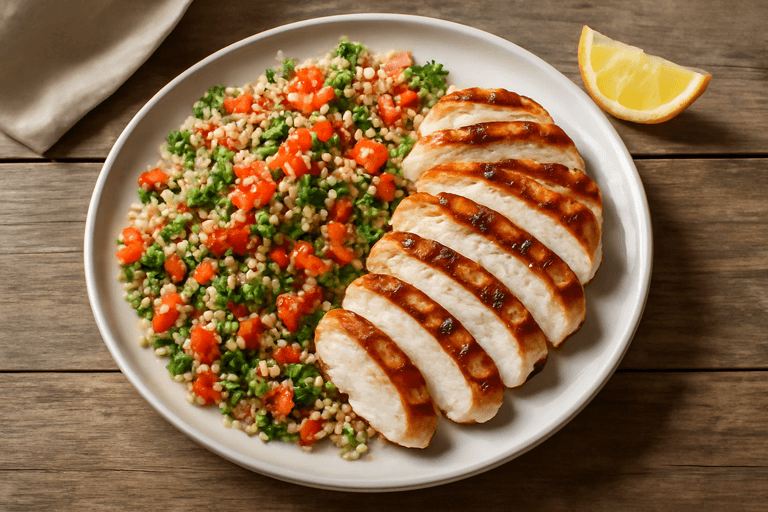 Piept de pui la grătar cu salată de quinoa colorată