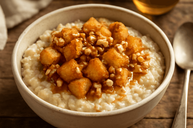Hälsosam havregrynsgröt med kanelstekta äpplen & nötter