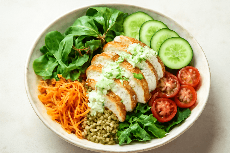 Klassisk kycklingsallad med örtig yoghurt & quinoa