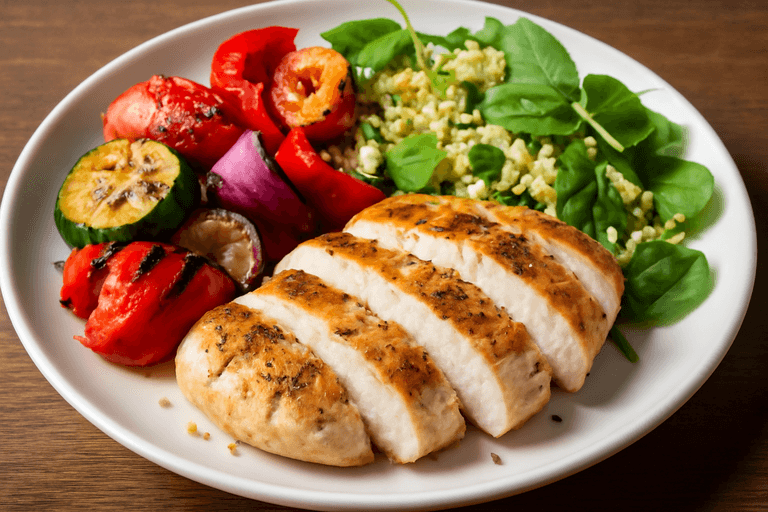 Gegrilde kip met kleurrijke groenten en quinoa