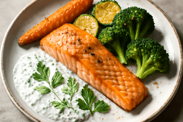 Klassisk laxfilé med ugnsrostade grönsaker och örtig yoghurtsås