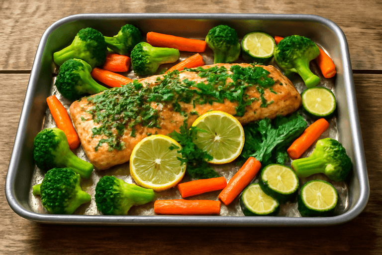 Ugnsbakad lax med färska örter och grönsaker