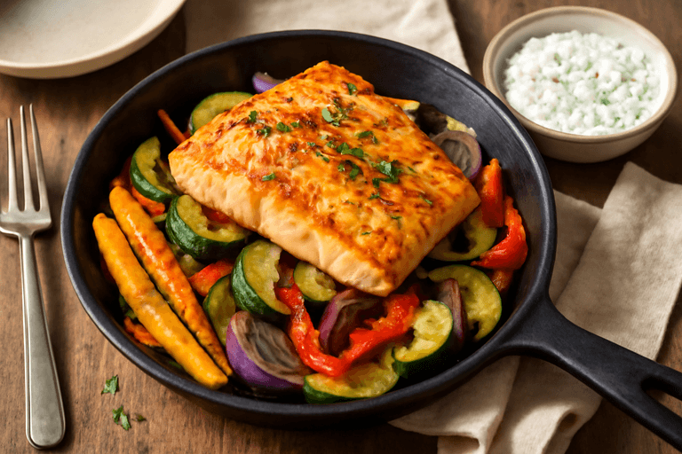 Lätt lax med ugnsrostade grönsaker och citronyoghurt