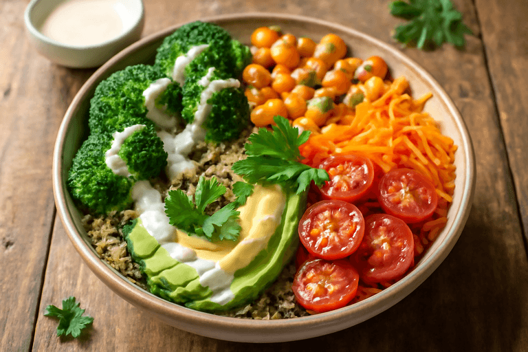 Buntes Quinoa-Gemüse-Bowl mit Tahini-Dressing