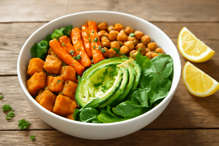 Proteinreicher Kichererbsen-Bowl mit Avocado und Ofengemüse