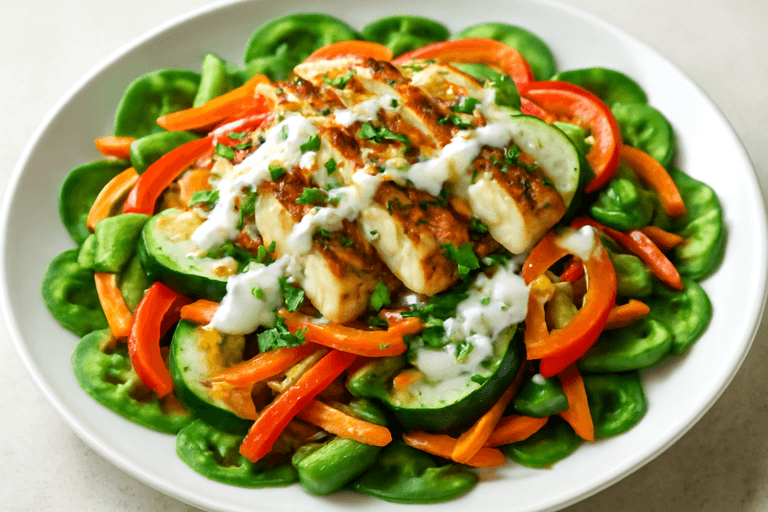 Salată caldă de pui cu legume la grătar și dressing de iaurt