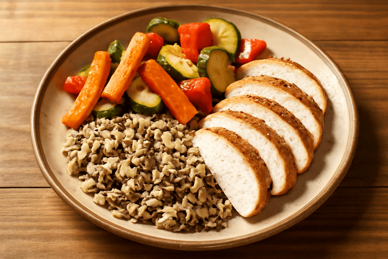 Pui la cuptor cu legume de sezon și orez sălbatic