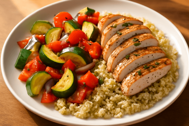 Poulet grillé aux herbes, quinoa et légumes croquants