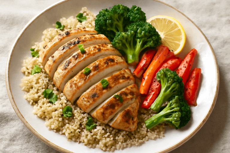 Pollo a la plancha con quinoa y vegetales asados