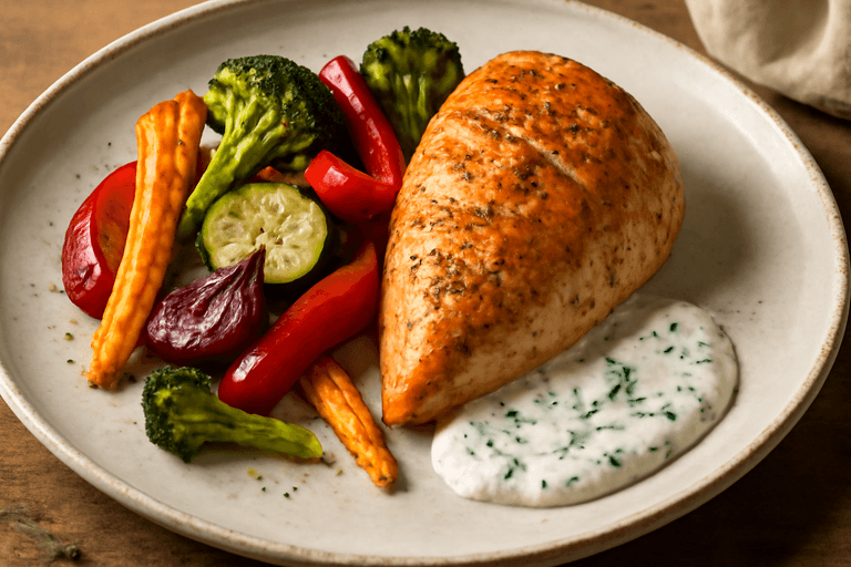 Kycklingfilé med ugnsrostade grönsaker & örtsås