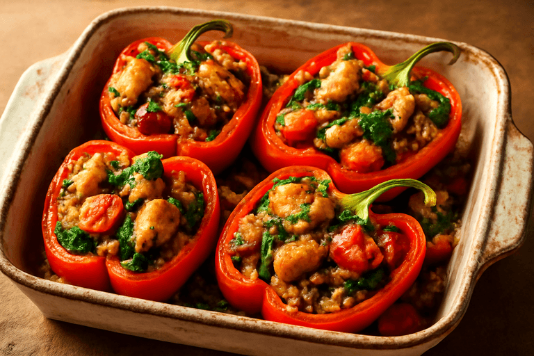 Kleurrijke Gevulde Paprika's met Kip en Volkorenrijst