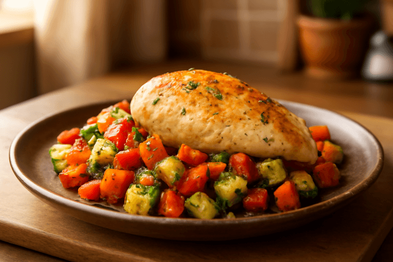 Лесно пилешко филе с печени зеленчуци