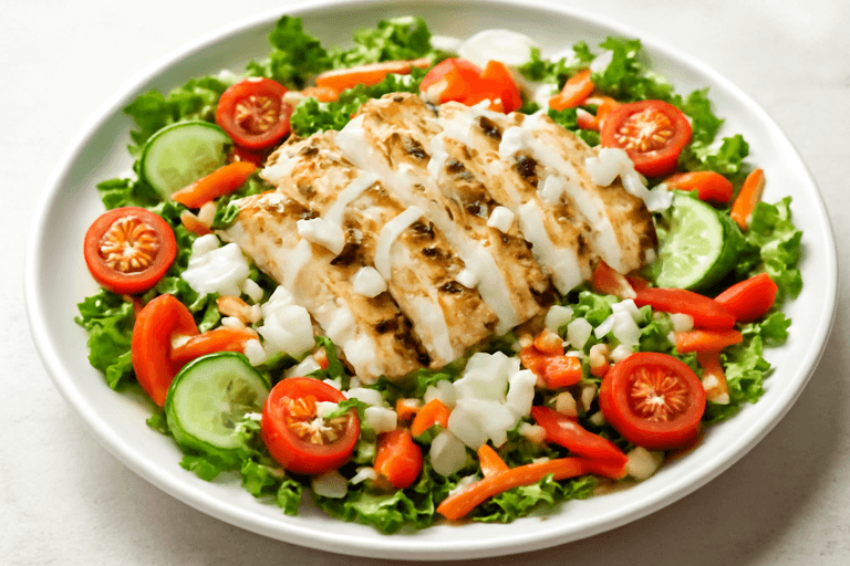 Salată de pui la grătar cu legume proaspete și dressing ușor de iaurt