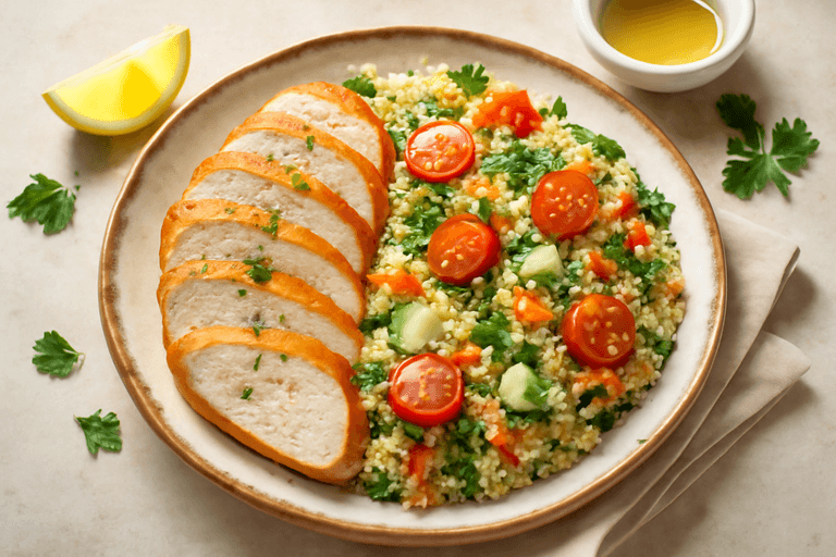 Piept de pui la grătar cu salată de quinoa și legume proaspete