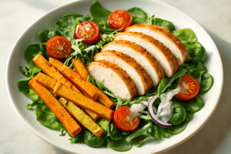 Lätt kycklingsallad med rostade rotfrukter och yoghurtdressing