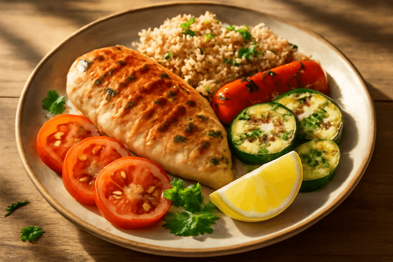 Куриное филе с овощами на гриле и киноа