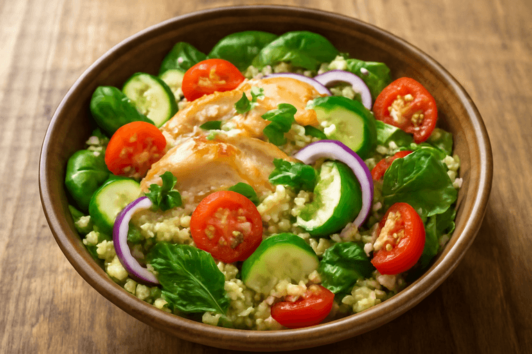 Легкий куриный салат с киноа и овощами