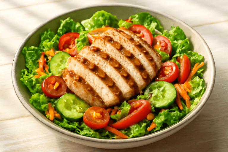 Ensalada clásica de pollo a la plancha y vegetales frescos